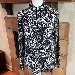 IBKUL Black and White Paisley Print 1/4 Zip Mock Neck Top, size M